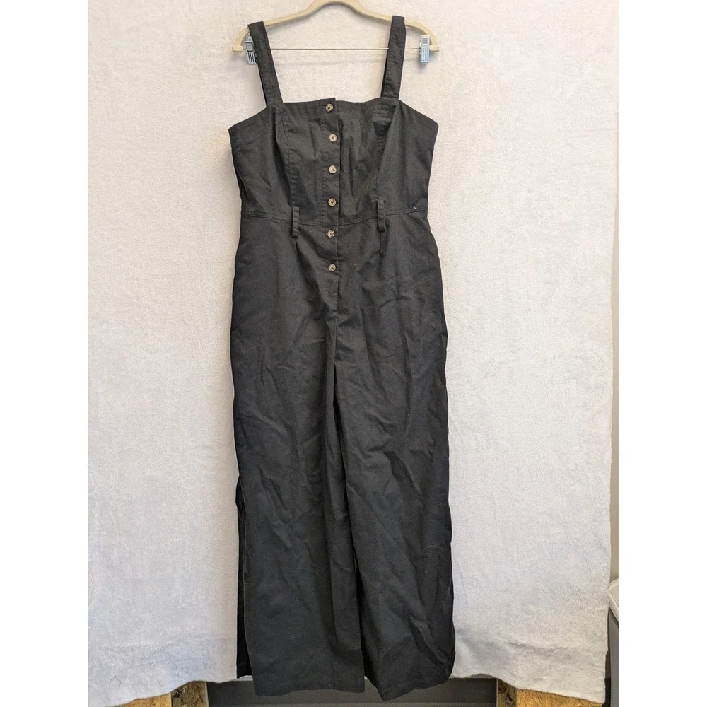 Baltic Born‎ Women's Black Jumpsuit Button Front Wide Leg Casual Linen Blend M